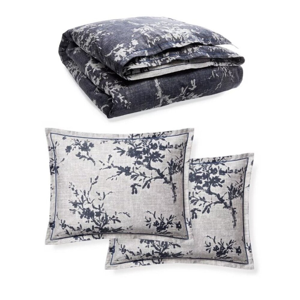 NEW Ralph Lauren EVA Navy Grey Floral 3 pc FULL QUEEN Comforter Shams Set Sateen